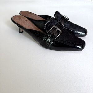 Donald J. Pliner Kitten Heel Mules Shoes in Black Patent/Animal Hair Size 8